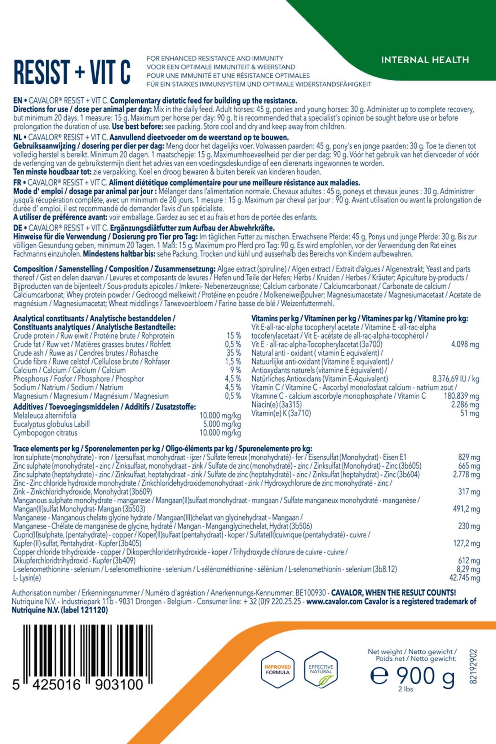 Preparat wspomagający układ odpornościowy Cavalor Resist + Vit C, 900g