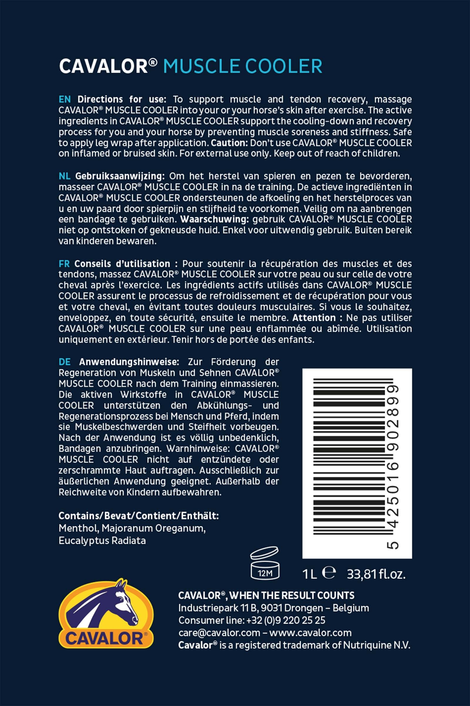 Cavalor Muscle Cooler, chłodzący żel wspomagający regenerację mięśni i ścięgien, 1l