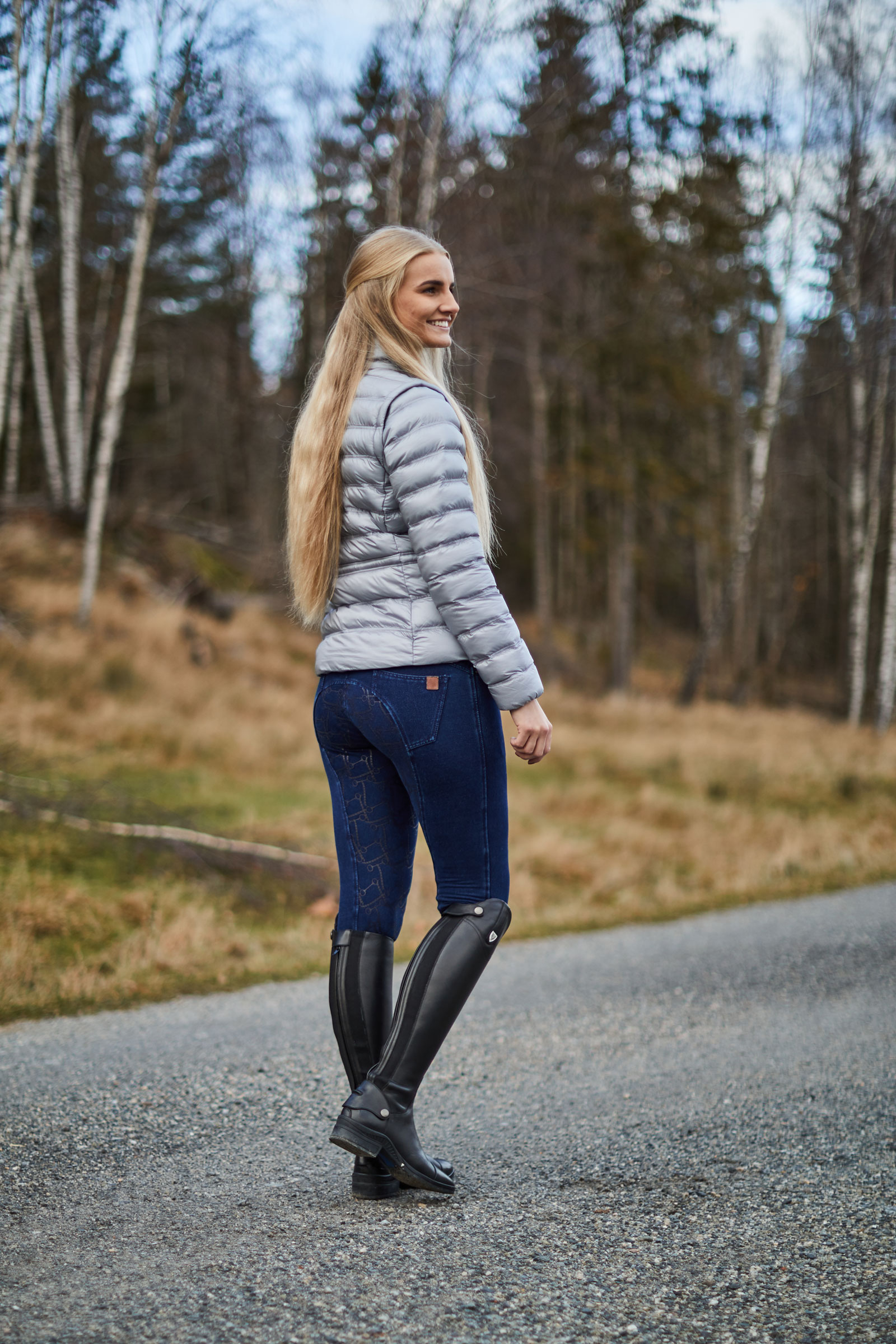 Damskie bryczesy thermo denimowe Horze Kacy z pełnym lejem